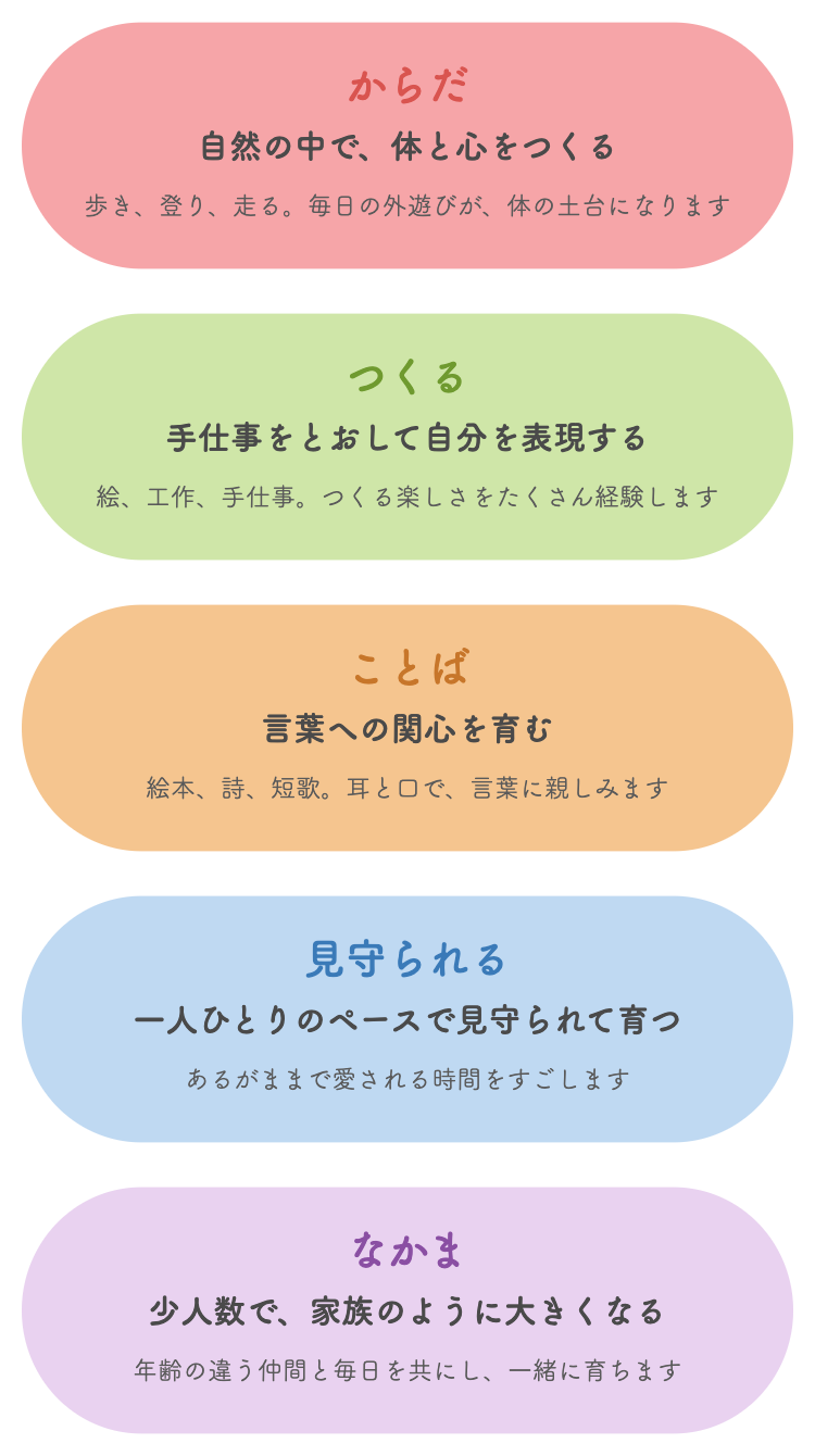 大切にしたい５つのこと：からだ、つくる、ことば、見守られる、なかま